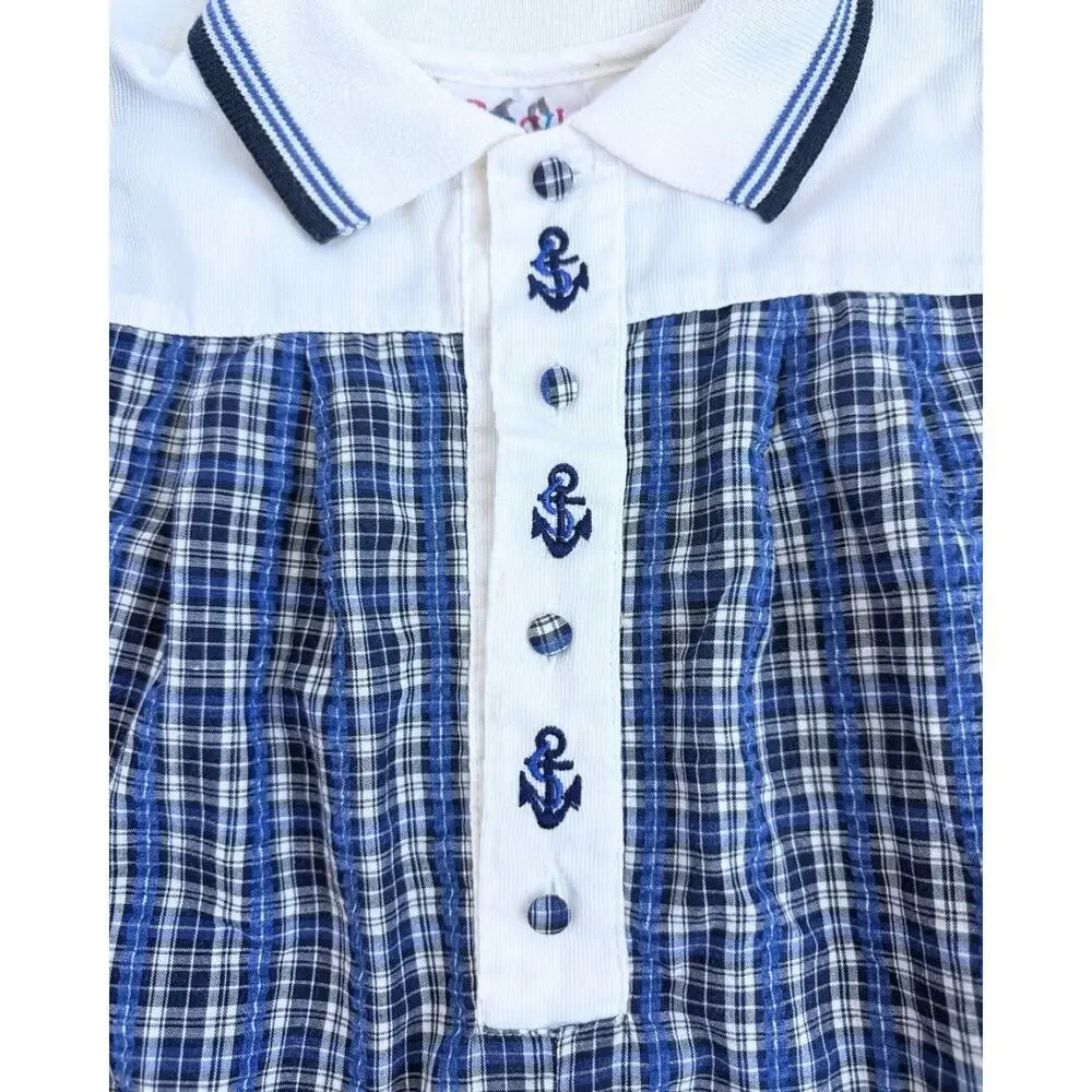 VTG Small Steps Baby Boy Nautical Romper 24M Blue Plaid Button Bubble Shortall
